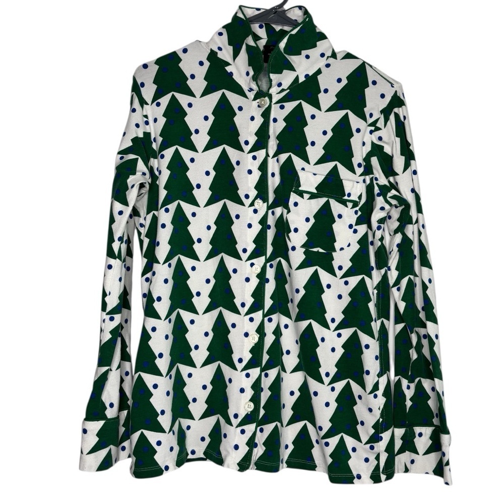 J. Crew Green Holiday Christmas Tree Button Down Pajama Top Small Festive Cotton